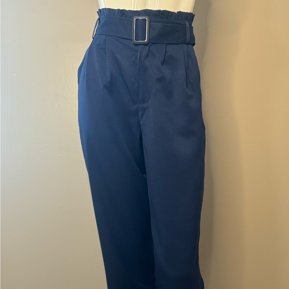 NWT Navy Blue Sparkz Paper Bag Belted Pants Ladies Slacks